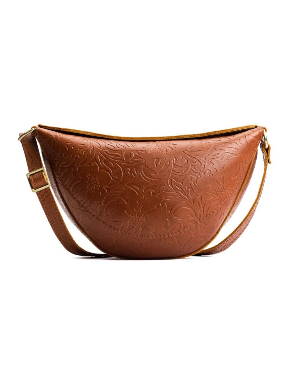 NWOT PORTLAND LEATHER Meadow Brown Embossed Floral Medium Koala Sling Bag